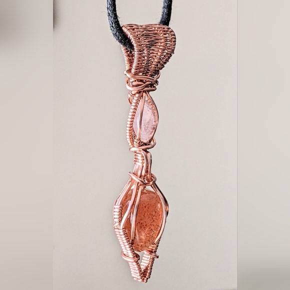 Luminous Sunstone Amulet Necklace Iridescent Moonstone Handmade Copper Frame - Picture 8 of 13